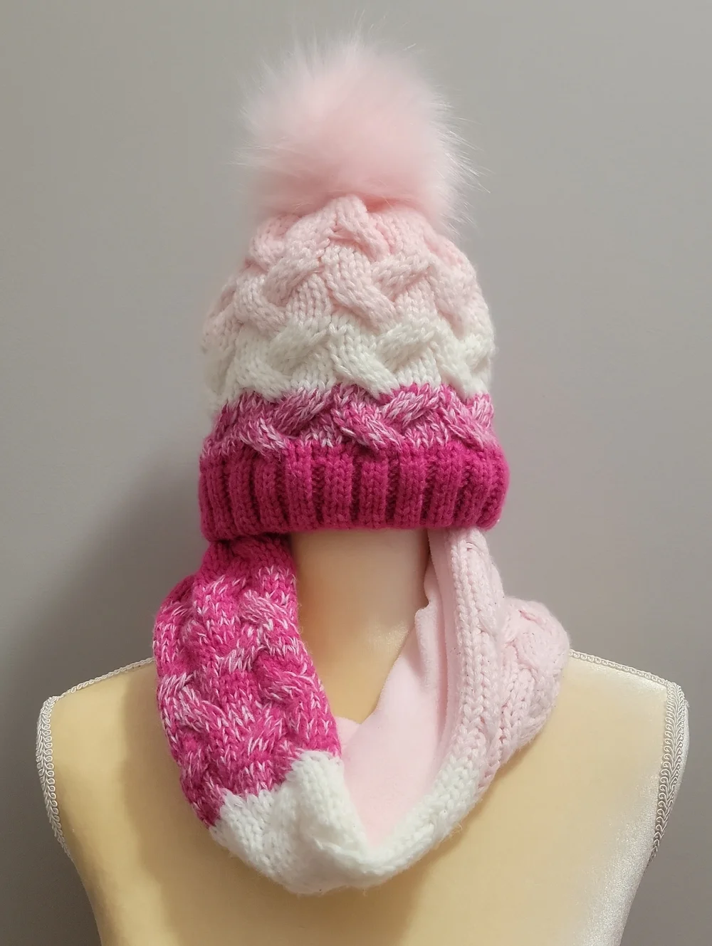 Cozy Pink Ombré Cable Knit Pom Beanie and Scarf Set